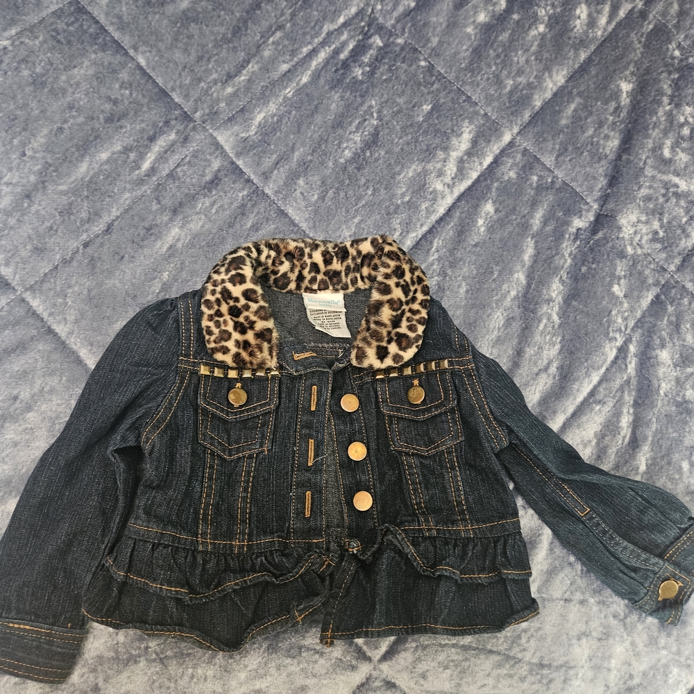 Nannette Baby Faux Fur Leopard Print Collar Denim Jacket 24 Months